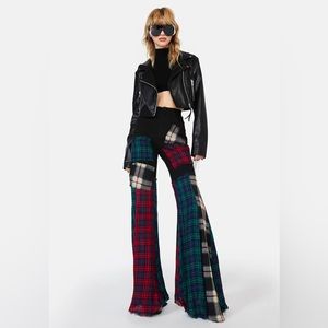 DOLLS KILL BETTER TOGETHER PLAID BELL BOTTOM PATCHWORK PANTS JEANS M NWOT